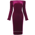 Kate Kasin de manga larga de la mujer fuera del hombro caderas-Wrapped Wine Velvet Bodycon lápiz vestido KK000500-3